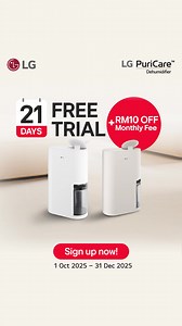 Breathe Easy with LG PuriCare™ DUAL Inverter Dehumidifier– Try It FREE for 21 Days! Say goodbye to unhealthy air. LG Dehumidifier delivers perfect dry comfort for your space. ✅ Breathe easier ✅ Sleep better ✅ Prevent mold & allergens Love it? Continue after the trial and enjoy RM10 OFF your monthly subscription. Limited slots available! Claim your 21Days Free Trial today! 💧 #LGDehumidifier #PuriCare #HealthyHome #ComfortLiving #BreatheEasy | LG Global
