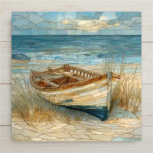 Coastal Rowboat Ceramic Tile Wall Art – Stained Glass Beach Scene, Nautical Home Decor, Ocean Cottage Wall Decor - Etsy