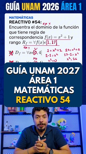 📐 Reactivo #54 Matemáticas – Guía Examen UNAM 2026 | Área 1 Este ejercicio parece de funciones… pero en realidad es de interpretación 😏 Muchos se van directo a graficar o hacer cosas complicadas, pero el truco es mucho más simple. Usa el rango a tu favor: igualas los extremos, resuelves y listo, así encuentras hasta dónde puede llegar X. Y ojo con esto: si el rango incluye los extremos, el dominio también. ✅ Respuesta correcta: Inciso D. 🔢 Aprende Matemáticas y todas las materias del Área 1 d