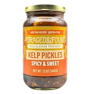 Foraged & Found Spicy Pickled Kelp, 12 oz. - Flavored Pickles Made from Superfood Alaska Kelp - Organic Ingredients, Gourmet Pickles & Pickle Juice - Superfood Kelp Pickles, Healthy Snack