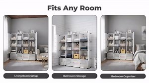16 Storage Cubes Display Cabinet - Plastic Organizer W/Doors & Rod - Transparent CubeStorage Organizer for Clothes, Toys, Shoes - Home Office Storage and Organization Plastic Cube Shelf