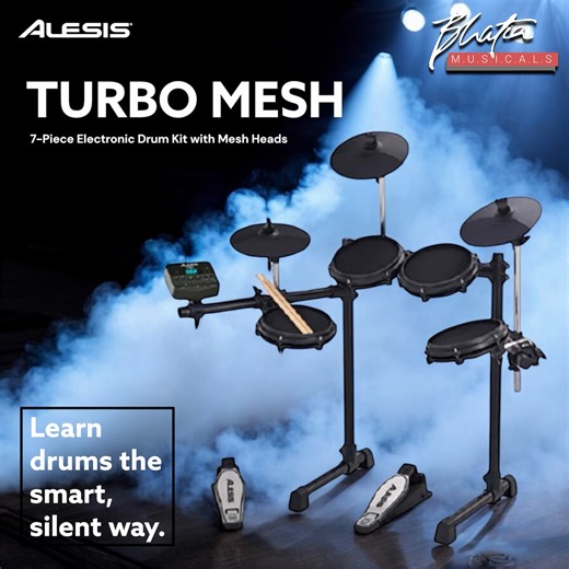 Bhatia Musicals on Instagram: "Learn drums the smart, silent way 🎧 Introducing the Alesis Turbo Mesh Kit — the perfect electronic drum kit for beginners and home practice! ✨ Why Turbo Mesh? 🥁 Real-feel mesh drum heads 🎶 7-piece electronic drum kit setup 🔇 Quiet practice, powerful performance 🎛️ Built-in drum module with multiple sounds & rhythms 🏠 Ideal for apartments, studios & learning spaces Whether you’re starting your drumming journey or upgrading your practice setup, this kit gives y