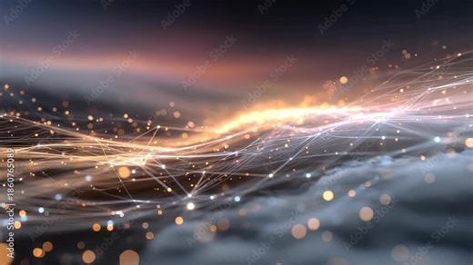 Abstract glowing lines and digital particles flow above soft clouds in a futuristic landscape. Dynamic light trails create a sense of innovation and advanced technology in motion
