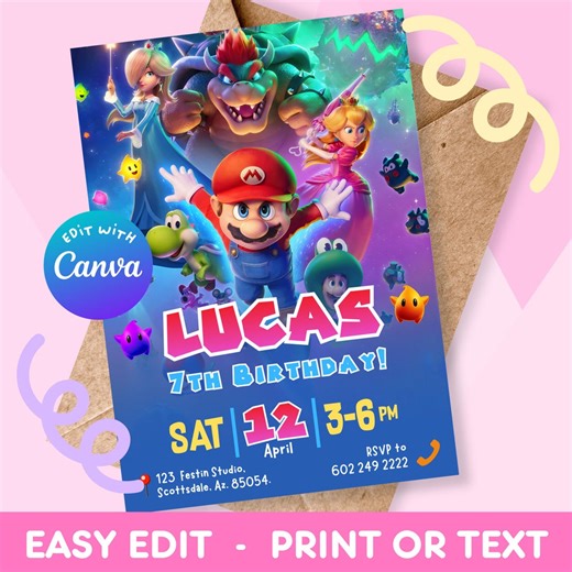 Mario Galaxy Movie Invitation, Gamer Birthday Party, Editable Canva Template, Video Game Invitation for Kids - Etsy