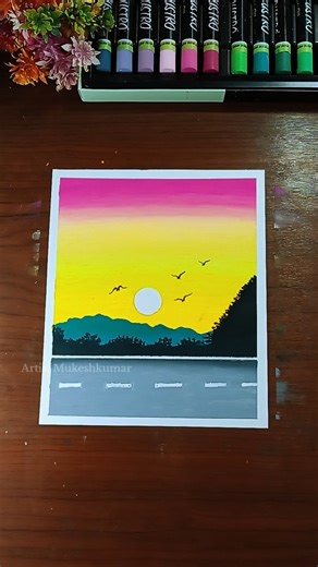✨ Easy road scenery painting l sunset landscape with oil pastel art #shorts #art #stepbystepdrawing