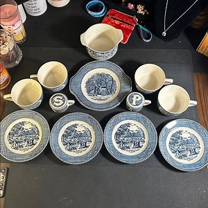 Vintage Currier and Ives Blue China 12pcs