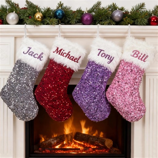Personalized Sequin Christmas Stocking, Embroidered Name, Plush Faux Fur Cuff - Etsy