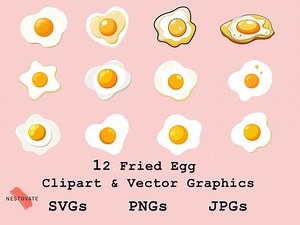 12 Fried Egg Clipart – Cute Breakfast Food Vector Graphic | Cartoon Style Illustrations for Stickers, Logos, Menus, Crafts | SVG, PNG, JPG - Etsy