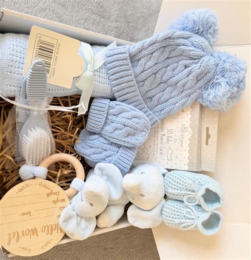 Baby Boy Gift Box –newborn Hamper- Baby Shower Gift -blue Baby Hamper, Hamper With Plush Toy, Rattle, Comb, Hat,mittens and Milestone Cards - Etsy UK