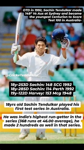 How great he was at the age of 18, must read this 👇👇👇👇👇 In 1991-1992, Sachin Tendulkar played his first test series in Australia. He was just 18 then. Today in 1992, Sachin Tendulkar made 148* Vs Aus in Sydney. He was India's highest run-getter in the series (368 runs at 46.00 average), he made 2 hundreds as well in that series, becoming the youngest player to score a test hundred in Aus. | CrickeTendulkar