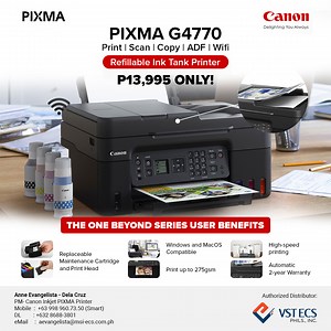 Experience the ultimate in wireless productivity with the Canon G4770 Refillable Ink Tank Printer with Fax - featuring an Auto Document Feeder for efficient batch scanning, all while saving money with its low-cost ink bottles for low-cost printing. | VST ECS Phils. Inc. | Facebook