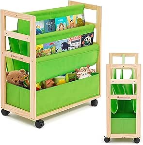 Jomifin Rolling Bookshelf with Toys Storage Bins, Kids Sling Book Shelf with Wheels Large Capacity for Kids Bedroom Playroom - Double Sided