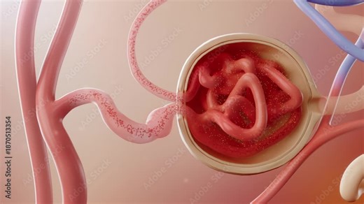 Blood flows through the glomerulus, Glomerular cells filtration, nephron, urine excretion, urinary system anatomy, internal structure of the kidney, arteries, veins, ureters, medical 3D animation.