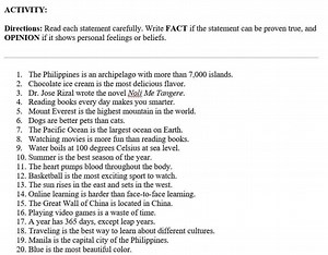 Directions: Read each statement carefully. Write FACT if the st... | Filo