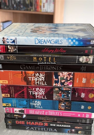 Goodwill DVD haul 📀🤍 I visited a new Goodwill and this store had stealssss!! 🥹 I found DVDs I've been waitinggg to find, feeling so lucky. ✨ 🎥DVDS: •One Tree Hill Season One (2003) •One Tree Hill Season Two (2004) •One Tree Hill Season Three (2005) •Breakfast at Tiffany’s (1961) •American Horror Story: Hotel (2015) •Sleepy Hollow (1999) •Game of Thrones Season One (2011) •Iron Man 2 (2010) •Dreamgirls (2006) •Zathura: A Space Adventure (2005) •Die Hard 2 (1990) #dvdhaul #dvdcollector #dvds #
