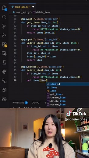 HOW TO create a CRUD API in under 2 minutes. A super quick BEGINNER FRIENDLY coding tutorial on how to build out a Create, Read, Update, Delete API. We go over all four endpoints and then test it out at the end of the TikTok. Let me know if you have any questions and I hope this was helpful. I am attaching to this TikTok a more basic version of this if you want to know just how to create an API. This is using FastAPI and Pydantic for the item class. Why Pydantic? We could do it without using it,