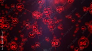 4K digital connection abstract animation dots and lines on red background. 5G network connection structure technology background.