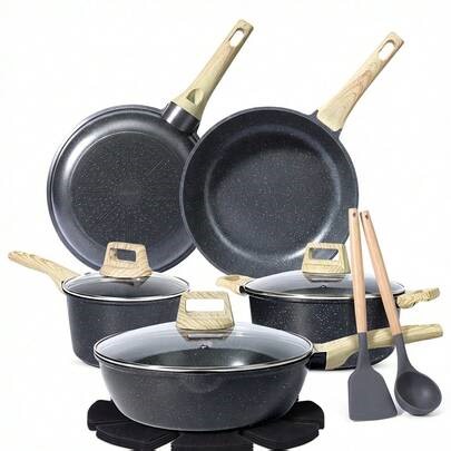 GiPP Pots And Pans Set Non Stick - 14 Pcs White Granite Kitchen Cookware Sets Nonstick Induction Cookware Cooking Pan Set With Frying Pans, Saucepans And Silicone Utensils | SHEIN