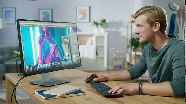 Professional Photographer Works in Photo Editing App / Software on His Personal Computer. Photo Editor Retouching Photos of Beautiful Girl. Mock-up Software Design.