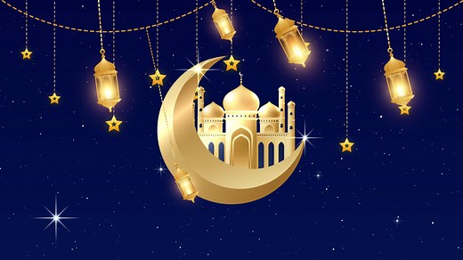 Ramadan Celebration Mosque with Crescent Moon and Lanterns | Free Stock Video Footage