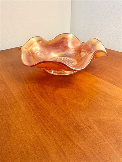 Vintage CARNIVAL Glass Orange Marigold Flowers Floral Iridescent Scalloped Bowl Dugan Fenton Imperial - Etsy