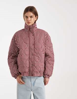 ASOS DESIGN quilted bomber jacket with yoke detail in red gingham | ASOS