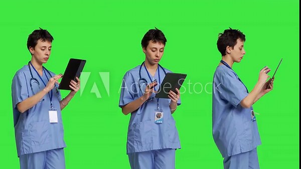 Nurse doing online shopping with credit card banking transaction, paying for items on store website. Medical assistant purchasing things on internet, e commerce ordering against greenscreen. Camera B.
