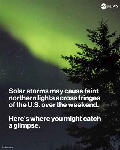 Solar storms may cause faint northern lights across fringes of the northern U.S. over the weekend as forecasters monitor for possible disruptions to power and communications. The sun’s magnetic field is currently at the peak of its 11-year cycle, making solar storms and northern lights more frequent. Unusually strong solar storms in May produced jaw-dropping aurora displays across the Northern Hemisphere. Here's where you might see the lights: https://abcnews.visitlink.me/bfyA7l | ABC News