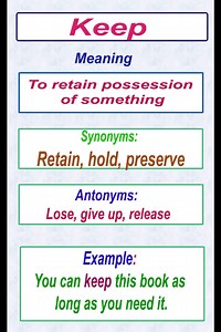 Meaning of "Keep" with example sentence, synonyms and antonyms #englishteacher #englishlearning #vocabularywords #dailyenglish #shortsvideos #English | English Learning