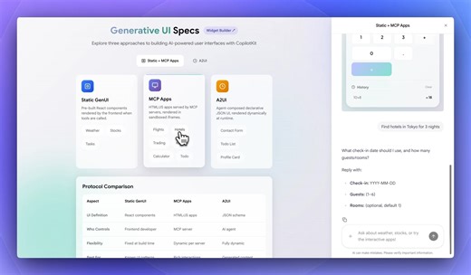 Generative UI examples for: AG-UI, A2UI/Open-JSON-UI, and MCP Apps. | Thanh Hoang