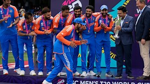 Rohit Sharma does the Ric Flair strut on way to collect T20 World Cup trophy