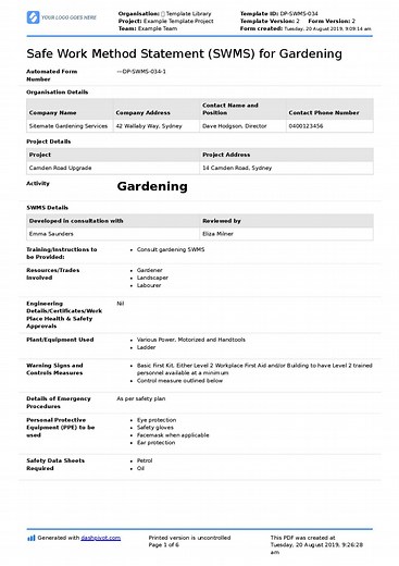 Gardening & Garden Maintenance Safe Work Method Statement (SWMS)