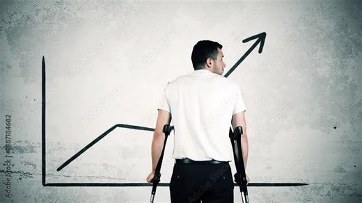 Injured man on crutches observes a dynamic line graph transforming into an upward growth trend, symbolizing resilience and progress.