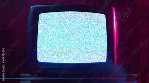 green screen (chroma key) old retro CRT TV monitor with RGB glitch animation, abstract zoom-out motion overlay