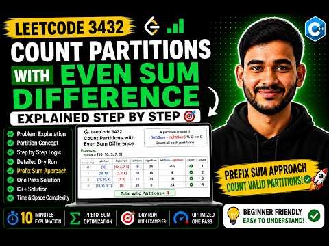 LeetCode 3432: Count Partitions with Even Sum Difference Explained in C++ | Step-by-Step