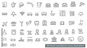 Hotel and Resort Icons Animation, Hotel line animation library. Animated amenities icons. Hotel room service. Accommodation reservation. Motion graphic