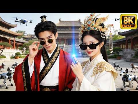 Couple temporel avec bague 3D conquiert champ de bataille antique grâce à chiens-robots et drones.