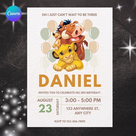 Watercolor Lion King Birthday Invitation, Simba Invitation, King Lion Invitation, Canva Template - Etsy