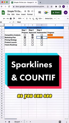 Use Google Sheets to track Progress of your projects until completion using sparkline and countif formulas. Never miss a due date or step again using googlesheet spreadsheets. #spreadsheet #googlesheets #tutorial #project #management #projects #tracker #progress #training #skills4all #skills #tiptok #projectmanagement #organize #report #edutok #bossmoves #charts #graphs #googlesheet #googlesheettutorials #googlesheetstips