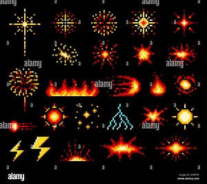 8 bit pixel fire flames, explosion fireballs and burst with blasts or lightning and fire flash vector icons. 8bit pixel art game asset and GUI element Stock Vector Image & Art - Alamy