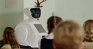 Robot teacher futuristic school entering classroom full of students