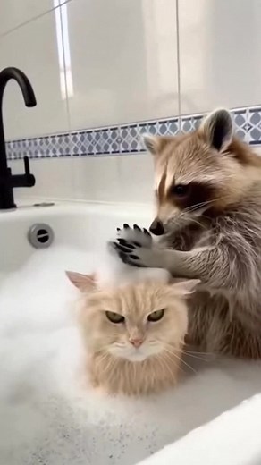 23K views · 110 reactions | Raccoon Bathes Cat in Bubbles! A raccoon hilariously bathes a cat! Generated using Kling AI . . . (For entertainment purposes only. Consult professionals if guidance on activities is presented. No brand affiliation is implied if any are shown. If inspired by true events, creative adaptations may be included. Content may include public footage.) | Fabiosa Australia | Facebook
