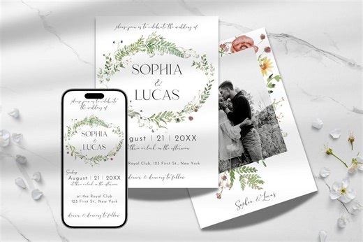 Folk Wildflower Printable Wedding Invitation Digital Template | Editable Canva Design - Etsy