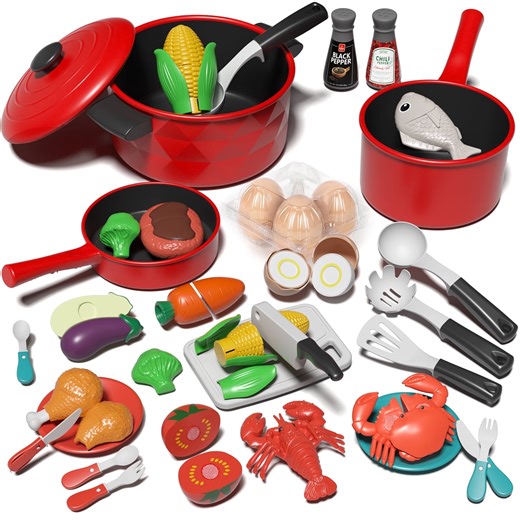 Play Food Sets, Pretend Play Kitchen Accessories with Pot & Pan, Learning Education Toy for 3-5 Kids