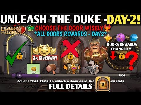 🚨UNLEASH THE DUKE DAY 2 DOORS NEW REWARDS In Clash Of Clans - Free Chests,Grumpy Medal,Magic Items!✅