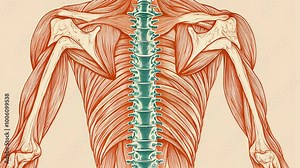 A detailed illustration shows the muscles and bones of the upper back and shoulders