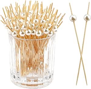 120PCS Cocktail Picks Toothpicks for Appetizers Cocktail Picks for Drinks Bamboo Toothpicks Cocktail Toothpicks Fancy Toothpicks for Appetizers White Pearl Toothpicks for Food Long Toothpicks 4.7Inch