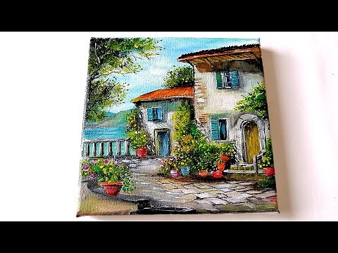 Acrylic Painting / How to draw Mediterranean House by the sea / Landscape Seascape Scenery #art #diy