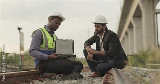 A rail engineer and project manager conduct an on-site audit along railway tracks, reviewing drawings and digital reports to assess progress and safety compliance for the rail infrastructure project.