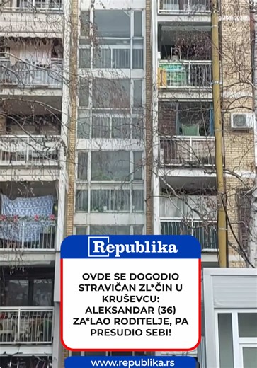 Jutros se u Kruševcu dogodio težak zl*čin kada je, prema sumnjama, Aleksandar V. (36) usm*tio svoje roditelje, a zatim izvršio samoub*stvo. Kako se nezvanično saznaje, on je n*žem zadao više ub*da majci i ocu, koji su zajedno sa njim živeli u stanu u Kruševcu. Nakon što je ub*o roditelje, Aleksandar je skočio sa sedmog sprata zgrade i prem*nuo na licu mesta, što je konstatovala i Hitna pomoć po dolasku. Njegov otac bio je lekar u penziji i direktor Zavoda za javno zdravlje, dok je sin nedavno po